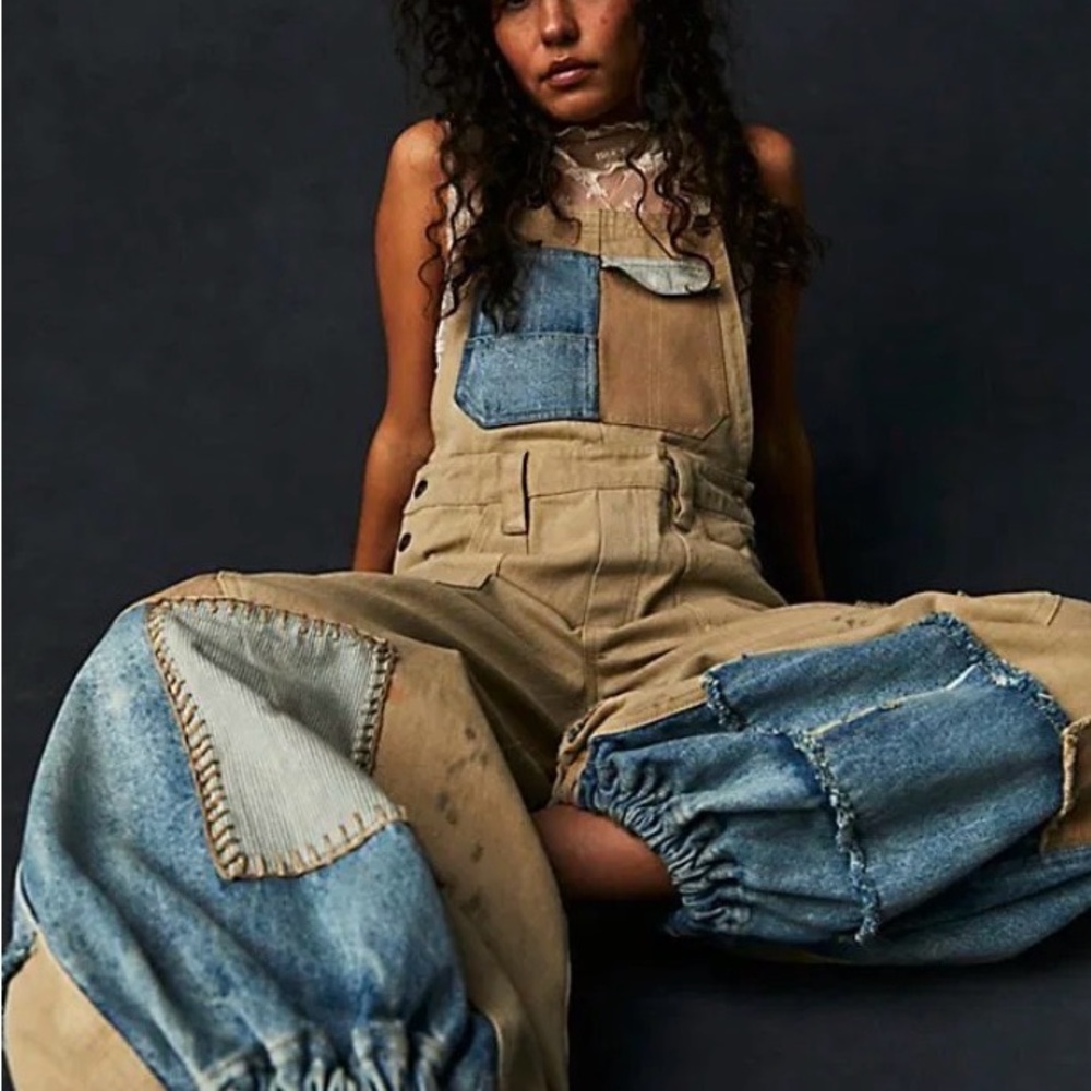 We The Free Two-Tone Patchwork Denim & Khaki Overalls